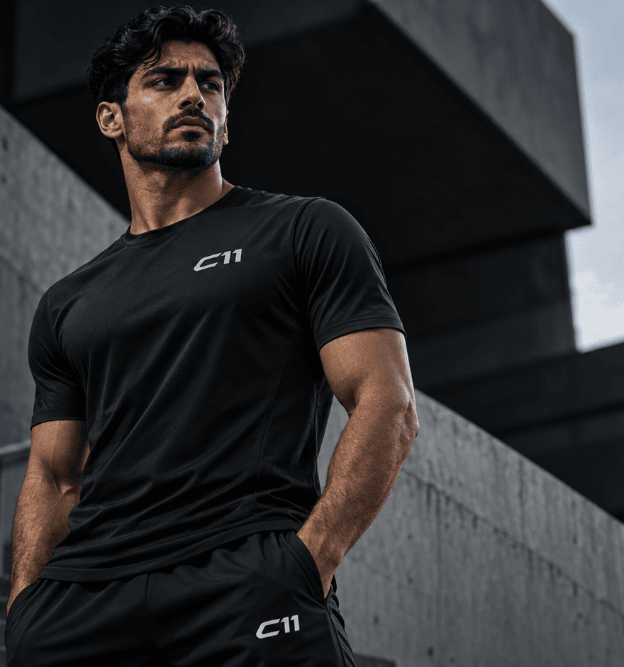 Athlete in a black C11 training tee