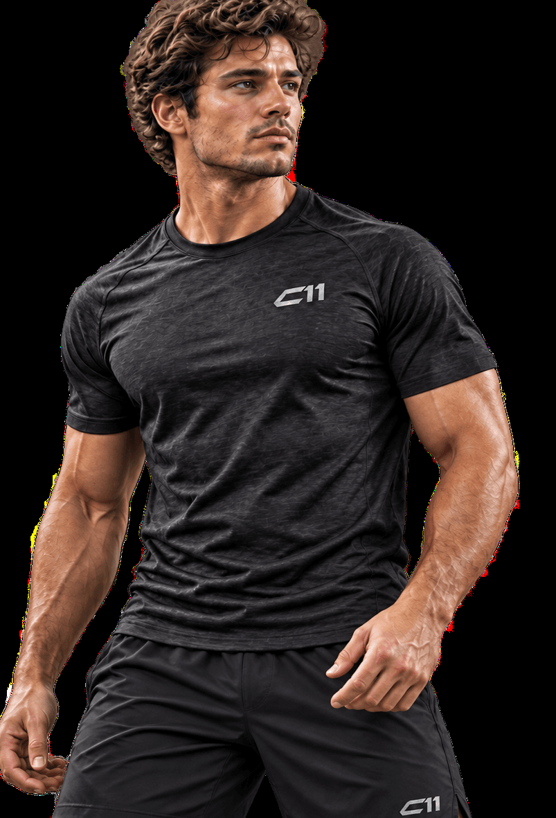 Athlete in a black C11 performance tee in the mountains